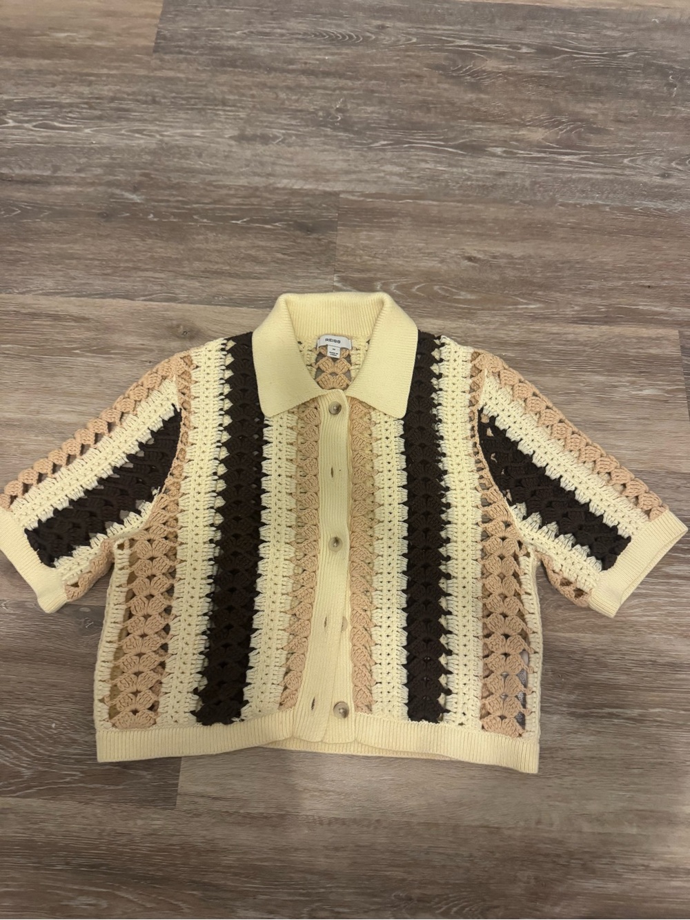 Reiss Crochet Knit Striped Collared Cardigan Cream Brown Beige Size M - Picture 2 of 11